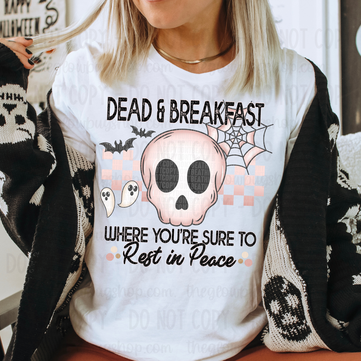 Dead & Breakfast (pink & white) (front only)